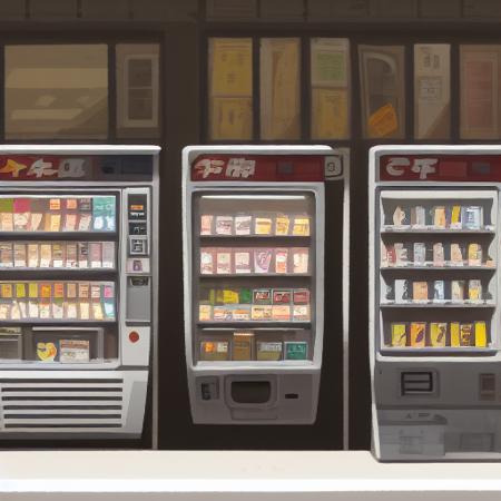 SimplyPaint, painterly, textured edges, animation, textured, watercolor, japanese vending machine, sunlight, shadows, alleyway, stylized