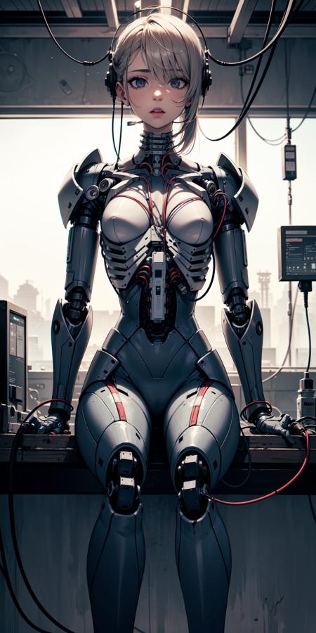 ((Full front shot)),(best quality),((an extremely delicate and beautiful)),((Chest covered)),cinematic light,(1mechanical girl),solo,((upper torso hanging by wires)),((Hanging by wires and tubes)),(machine made joints:1.2),((mechanical limbs)),(blood vessels connected to tubes),(mechanical vertebra attaching to back),((mechanical cervical attaching to neck)),(sitting),(chest covered),(wires and cables attaching to neck:1.2),(wires and cables on head:1.2),(character focus),science fiction,