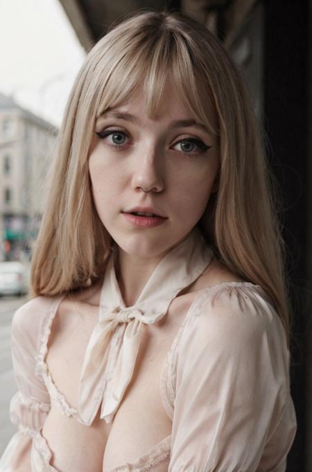 a beautiful picture of ellesclub ,woman,  detailed skin texture,masterpiece, photorealistic, RAW color photo,(fully in frame:1.1),blonde hair, detailed face,outdoors,city streets,wearing a (blouse:1.5),upper body,looking at viewer,  <lora:ellesclub (7):1>