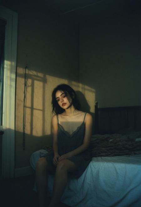 a dark lonely cold room, a thin girl sits hanging her shoulders on the bed, her dark hair dirty, a black stain in place of her face, dull tones, evening, contrasting shadows, dull cloudy sky, luminous blurred photo, grainy film effect, konica minolta zoom 60, blurred shapes, Diane Arbus photo style