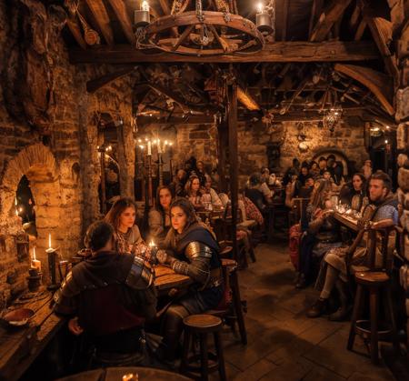 (masterpiece:1.2), (best quality,:1.2), 8k, HDR, ultra detailed, ((photorealistic)), perfect anatomy, professional light, cinematic lighting, fashion photography, ambient lighting, <lora:detail_slider_v4:2.5>, a group of adventurers sitting together at a long table in a medieval tavern, round tables, chairs, candles, smoke in the air, bar, fireplace, stairs leading up, shields on the wall, ((perfect hands)), perfect faces, FanTav, <lora:FantasyTavern-10:0.7>, epiCPhoto