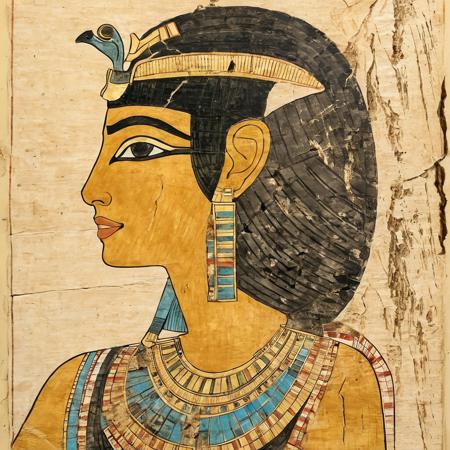 <lora:Ancient_Egypt_Painting_Style:1> ancientegypt, old egyptian drawing of beautiful Cleopatra, gorgeous portrait, gold, on papyrus paper with cracks and creases, ancient, 2d, perfect composition, masterpiece