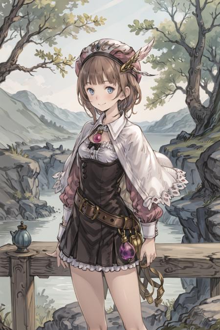 charrorona, 1girl, solo, masterpiece, best quality, smile, upper body, capelet,closed mouth, hat, jewelry, standing, belt, dress, skirt, bow, blush, looking at viewer, necklace, pendant, arms at sides, outdoors, town, path, tree, <lora:roronav1a:0.9>