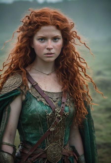 Close Up shot of  Merida from the Brave  tale as a princess warrior, she IS a very beautiful girl, long curly red  hair, beautiful, ancient celtic armour, dirt Green dress, wind, at night, fog, mist, battlefield at the background, National Geographic photography awarded masterpiece