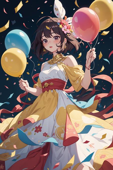 highly detailed, masterpiece, balloon aura, colorful confetti, beautiful woman, flowing dress