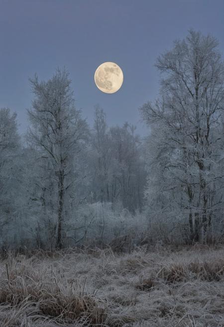 conniferous forest with low grass with heavy dew, heavy autumn frost, sky background with full moon in a cloud which makes it slightly muddled