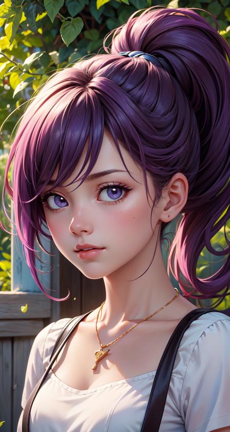 (masterpiece, best quality:1.4), high detail, (detailed face), detailed eyes, detailed background,dramatic lighting, 1girl, Flying hair, looking at viewer, upper body, (suspenders), ponytail, violet hair, sunlight, outdoors, necklace <lora:more_details:0.3> <lyco:GPTS4 dreamwave full_478773:0.3> <lyco:GoodHands-beta2:1.0>