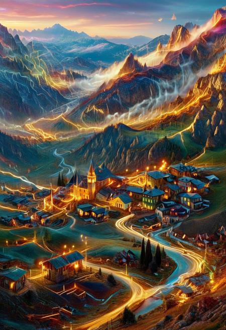 their peaks veiled in mist. mixed media, surrealism, great lighting, A surreal landscape highly detailed . extremely high-resolution details,  appears trapped in an optical illusion of reflections and refractions colorful , , lthndrtrl, mountains and village in Turkey, professional photography, natural lighting, volumetric lighting maximalist. intricately detailed, complex, elegant, expansive, fantastical, film photography style,  medium grain