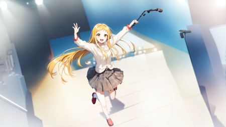 kasuganourara, hair down, very long hair, 1girl, solo, skirt, spotlight, microphone, smile, open mouth, microphone stand, :d, outstretched arms, shoes, red footwear, standing, socks, shirt, plaid skirt