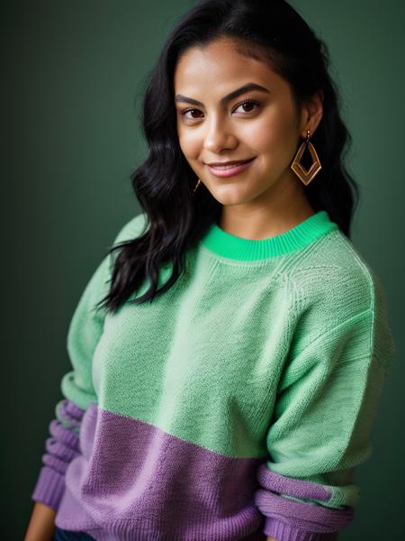 Realistic photo of a beautiful c4m1l4m woman,1girl,solo,looking at viewer,smile,short hair,simple background,black hair,brown eyes,jewelry,upper body,earrings,character name,sweater,purple background,realistic,green shirt,green sweater, soft lighting, professional Photography, Photorealistic, detailed, RAW, analog, sharp focus, 8k, HD, high quality, masterpiece<lora:c4m1l4m:1.0>