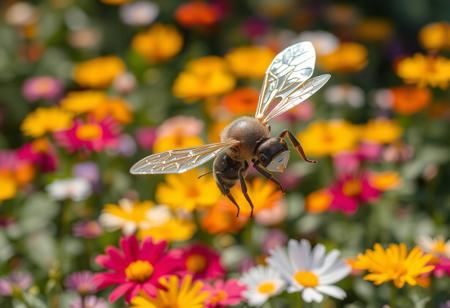 Imagine a close-up of a robotic bee hovering in mid-air, its delicate metal wings shimmering in the sunlight. Surrounding it is a vibrant garden filled with colorful flowers, each petal telling a story of life and beauty. The bee seems to dance gracefully, merging engineering precision with the elegance of nature. In this intersection of technology and the environment, we sense the human desire to harmonize innovation with the natural world.”