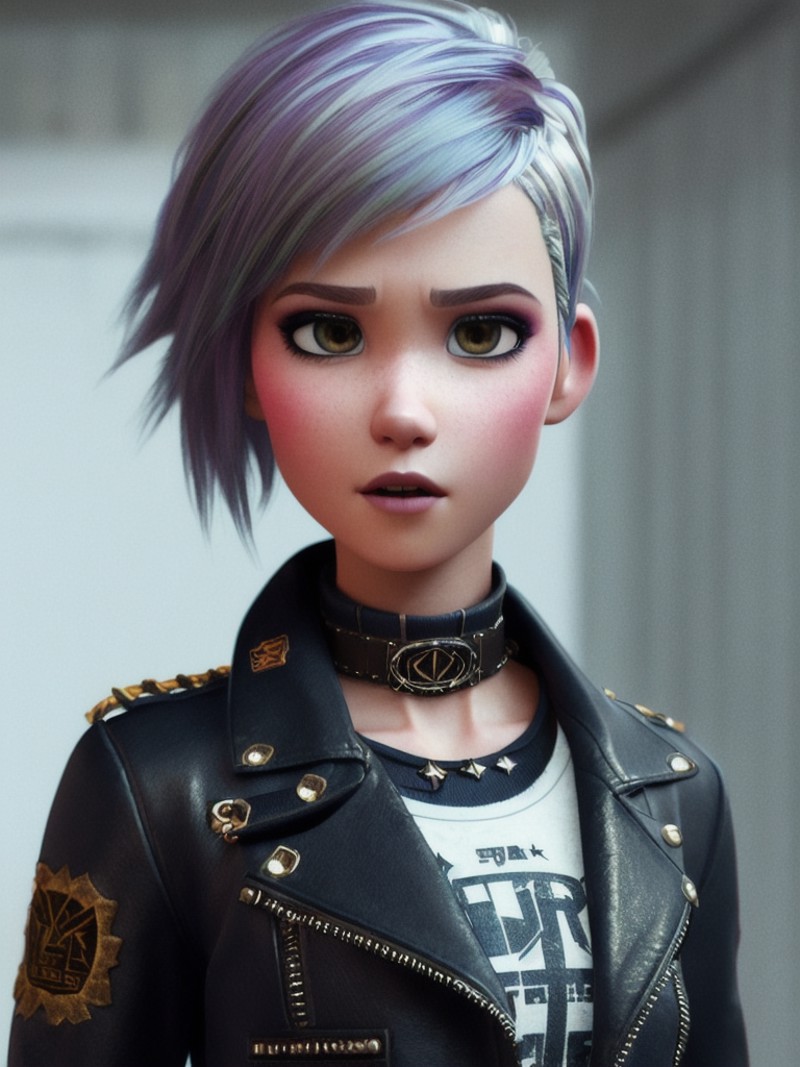 (pixarstyle) a waist-length portrait of a punk girl in a leather jacket, bob hairstyle, choker, natural skin texture, 4k t...