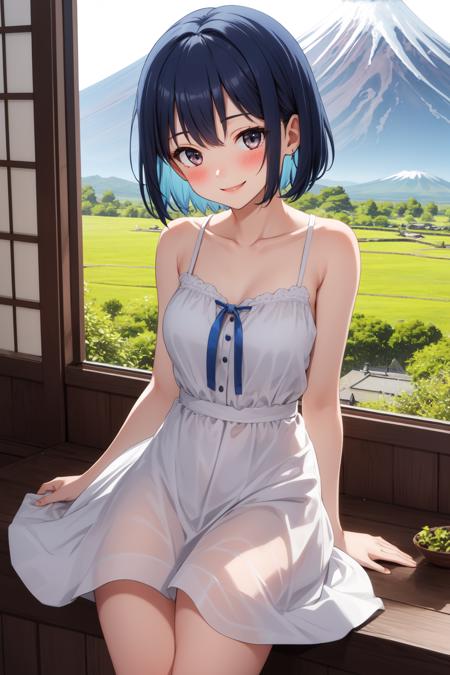 (masterpiece, best quality:1.2), 1girl, blue hair, short hair, mount fuji, sundress, smile, blush