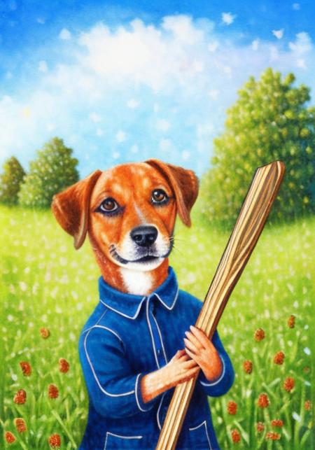 by alessandro pedrazzini <lora:alessandropedrazzini_v1.0c:1>,  a dog holding a wood stick on a farm