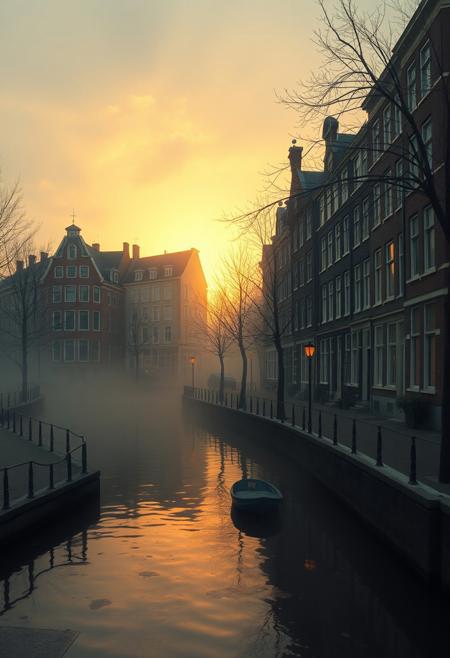 A quiet, foggy Amsterdam canal at sunrise, where historic buildings glow in soft golden light
melancholic expressionist figures with playful surreal exaggeration, muted earthy color palette with bold ironic highlights, heavy painterly textures, dreamlike psychological depth, absurd humor mixed with introspective symbolism, surreal emotional storytelling