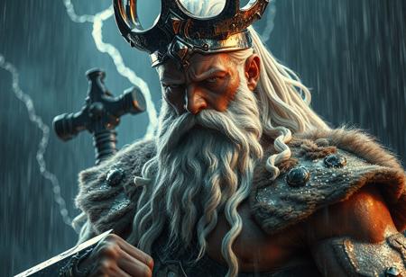 "Design a photorealistic, full-body 'White Warrior - Hail the Iron Hammer' character, inspired by blacksmith details and Asgard rising. The warrior should embody the golden ratio, with intricate, non-duplicative features. Consider steroid use and bodybuilder style. The scene should be set in a detailed, thunderstrike-filled environment, with cinematic lighting and an accurate, detailed face. Create in 8K resolution, with influences from artists like Alex Grey, Artgerm, Greg Rutkowski, and Alphonse Mucha. The setting could be a dark, rainy, cyberpunk scene with neon accents, combining traditional and modern elements."
