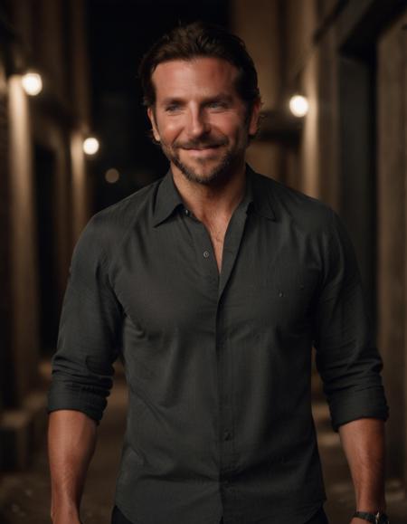 photo of bradley cooper smiling standing in a dark alleyway, cinematic lighting, hero pose