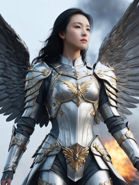 masterpiece, best quality, ultra detailed, 8k, photorealistic,chenduling woman,beautiful,stunning, long shot,<lora:cdl2_ej_JuggXL_1:0.6> as an angel, heaven armor, in battlefield