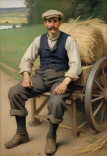 impressionist painting with rough brush strokes by Berthe Morisot, full portrait of drunk farmer with moustache sleeping on hay wagon seat, 17th century farmer, work clothes, toned body, , chiseled cheeks, short messy hair, muddy boots, early evening sunlight