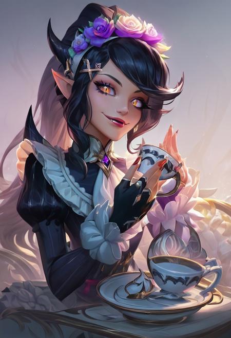 l0lspl4sh, score_9, score_8_up, score_8_up, godrays, 1girl, looks at the viewer, ascot, black bow, black dress, black gloves, black hair, black headwear, black horns, bonnet, bow, brooch, cup, demon horns, dress, fang, fingernails, flower, frilled dress, frilled sleeves, frills, gem, gloves, gothic lolitagoth, hair flower, hair ornament, hairclip, hands up, hat, hat flower, high ponytail, holding, holding cup, holding plate, holding saucer, horns, jewelry, juliet sleeves, lolitagoth fashion, long fingernails, long hair, long sleeves, looking at viewer, makeup, multicolored eyes, nail polish, parted lips, plate, pointy ears, ponytail, puffy sleeves, purple flower, red nails, ribbon, saucer, sharp fingernails, sidelocks, slit pupils, smile, solo, swept bangs, teacup, upper body, virtual youtuber, white ascot, white background, x hair ornament, yellow ey
masterpiece, best quality, very pretty, cinematic composition, gorgeous, stunning, very attractive, cute,
L0LSPL4SH, year2024, year2023, West Studio, sixmorevodka