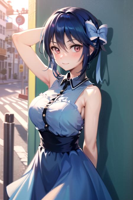 (extremely detailed CG unity 8k wallpaper), (masterpiece), (best quality), (ultra-detailed), (best illustration), (best shadow), (absurdres), 1girl, solo, looking at viewer, blush, smile, <lora:tsugumiseishirou-10:0.8>, tsugumi seishirou, large breasts, hair bow, (blue dress, collared dress, bare shoulders,  bare arms), arms behind back, street