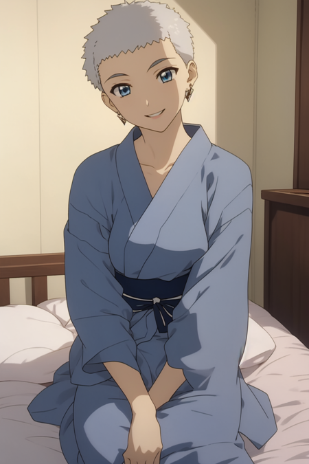 yayoi_schwael, blue eyes, grey hair, very short hair, short bangs, earrings, 1girl, solo, cowboy shot,, light navy blue nightgown yukata, white obi,, Japanese-style room, bedroom, futon, seiza, smiling,