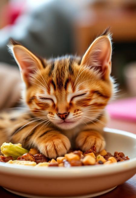 A cute kitten falling asleep into their food