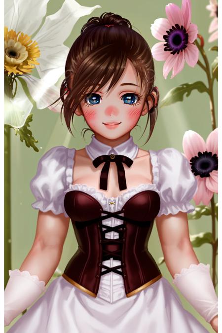 solo, 1girl, looking down, smile, blush, dark brown hair, half updo, blue eyes, beautiful detailed face, ultra detailed eyes, yellow corset, god rays, Anemone \(flower\), floral background <lora:hado_style_v05.02:1>