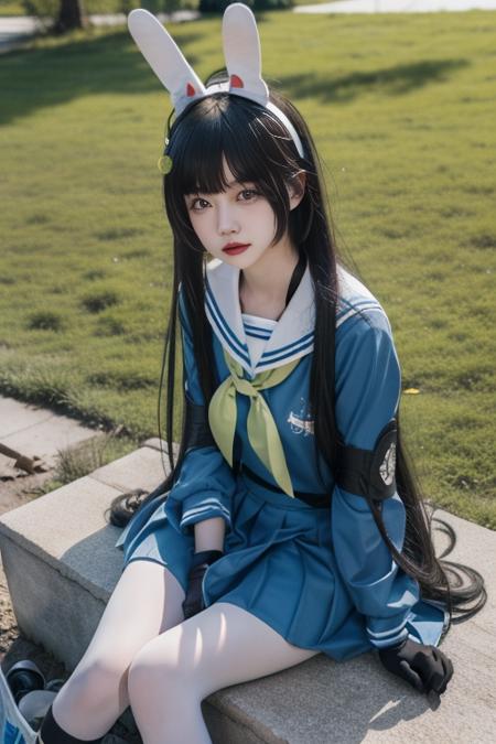 ltra-detailed,highly detailed,best quality,masterpiece,illustration,realistic,
kasumizawa miyu, 1gir l, solo, miyu \(blue archive\),cosplay,
bangs, long hair,fake animal ears, rabbit ears,
school uniform, serafuku, neckerchief, sailor collar,long sleeves, pleated skirt,
looking at viewer, in trash can,
photo background,outdoors, ruins,trash can, grass, bush,
<lora:kasumizawa miyu_v1_07:0.7>