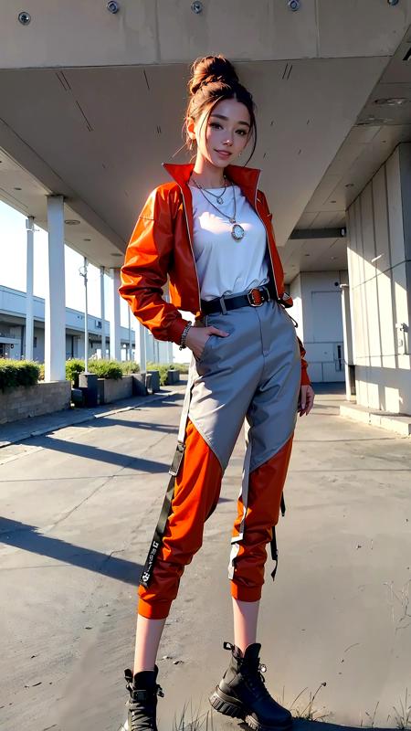 masterpiece, best quality, beautiful clean face, 1woman, wearing gray techwear jacket and orange trousers with buckle and tape, (crystal necklace), posing for a picture, (red braided bun), long legs, big happy warm smile, In the mall <lora:UrbanSamurai_fashion:0.8>