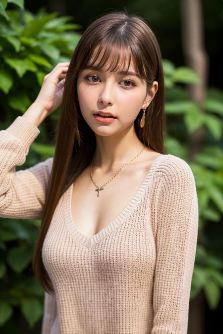 1girl,necklace,jewelry,brown hair,long hair,brown eyes,sweater,lips,bangs,white sweater,sexy pose,best quality,masterpiece,illustration,an extremely delicate and beautiful,CG,unity,8k wallpaper,Amazing,finely detail,masterpiece,official art,extremely detailed CG unity 8k wallpaper,incredibly absurdres,huge filesize,ultra-detailed,highres,extremely detailed,beautiful detailed girl,realistic,full frontal,outdoors,light contrast,<lora:Lina Arashi:0.8>,completely nude,