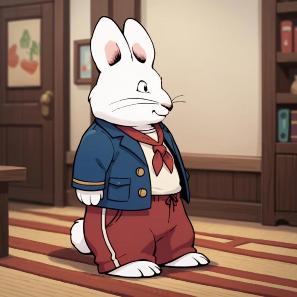 score_9, score_8_up, score_7_up, score_6_up, score_5_up, score_4_up, source_furry, maxm&r,  male, rabbit, white fur, long whiskers,  1boy, solo,  inside, full body, blue jacket, red neckerchief, red pants,, <lora:f274f8ee-f984-456e-bb05-15c1b501779c:0.7>