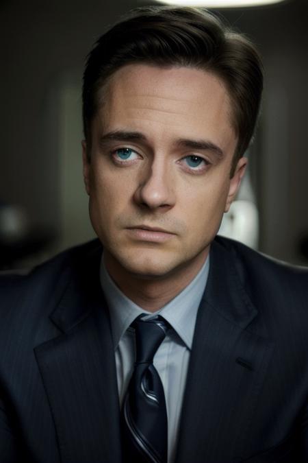 a man in slick blue business suit <lora:topherGrace:1>, looking at camera, dark cinematic lighting, ready for action, 8k, raw, uhd, close up, perfect face, clear eyes