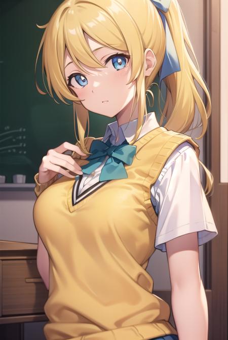 eliayase, <lyco:eliayase-lyco-nochekaiser:1>, 
eli ayase, yellow hair, blue eyes, ponytail, hair ribbon, 
BREAK otonokizaka school uniform, pleated skirt, school uniform, short sleeves, skirt, summer uniform, sweater vest, (yellow sweater vest:1.5),
BREAK looking at viewer,
BREAK indoors, classroom, 
BREAK <lyco:GoodHands-beta2:1>, (masterpiece:1.2), best quality, high resolution, unity 8k wallpaper, (illustration:0.8), (beautiful detailed eyes:1.6), extremely detailed face, perfect lighting, extremely detailed CG, (perfect hands, perfect anatomy),