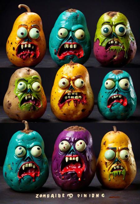 zombie potato uprising, stylized potato figures with gaping mouths and menacing eyes, bold colors, stark lettering, call to arms, defend against the blight, dark humor, retro aesthetic