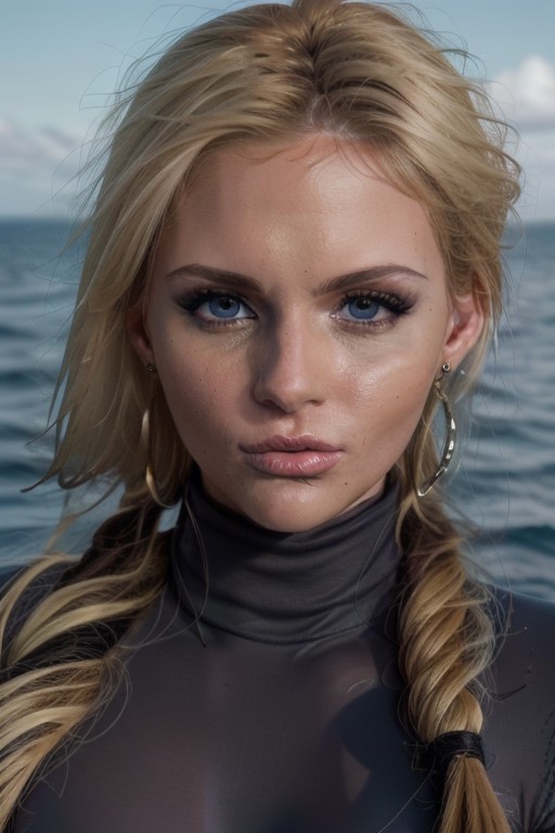 candid photo of a stunningly beautiful blonde lady, upper body, close up, turtleneck, torso, on a yacht on the ocean, happ...