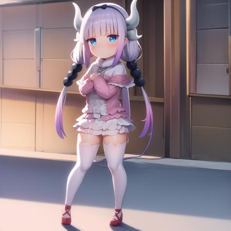 1girl, kanna, blue_eyes, solo, dragon_horns, dragon_girl, full body, kannakamui, long hair, twintails, hair ornament, hairband, low twintails, looking at viewer, tail, hair beads, thighhighs, beads, white thighhighs, capelet, bangs, blush, detailed background,