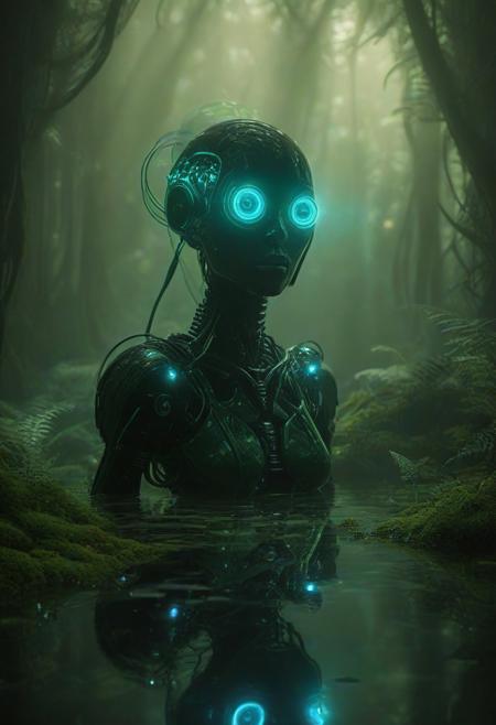 Ultrarealistic. sharp focus, dynamic lighting. play of light, reflection, refraction, Raytracing, Ultra detailed. Alien themed. Alien scenery. alien scenery background. alienworld. A gorgeous female robot in an alien forest. surrounded by ice.enchanting, cosmic, celestial, ethereal, vibrant flora, magical, luminous, serene, dreamy, radiant, bioluminescent, intricate details, surreal, enchanted forest