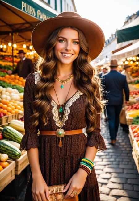an image with a captivating European-looking girl at the center. She has a radiant smile, porcelain skin, and captivating green eyes that sparkle with curiosity. Her hair is a rich chestnut brown, styled in loose waves that fall gracefully over her shoulders. She is dressed in a chic bohemian-style outfit, including a flowing floral print dress with delicate lace details and a pair of brown leather ankle boots. A stack of colorful bracelets adorns her wrist, and she wears a wide-brimmed hat that adds a touch of elegance.

The background is a bustling European marketplace, filled with vibrant stalls selling fresh produce, artisanal crafts, and fragrant flowers. Behind her, a charming cobblestone street leads to a historic building with intricate architecture. The scene is alive with people chatting, laughing, and enjoying the lively atmosphere. The sun is setting, casting a warm, golden glow over the market, creating a cozy and inviting ambiance.
(((upper body))),
 <lora:add-detail-xl:1>
 <lora:Dynamic Poses:1>