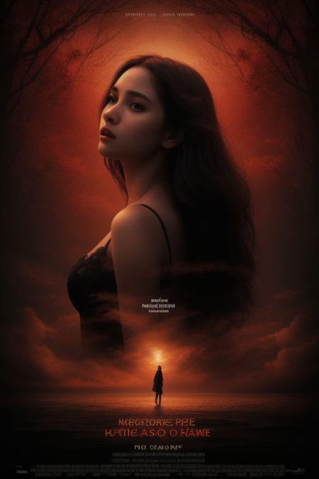 movieposter, Embrace the surreal aesthetic with hyperkraximalism as vibrant hues dance around her figure, evoking the fluidity of water and the gentle sway of leaves. In this medium portrait shot, a soft rim light gently illuminates her silhouette against a backdrop of shadow, casting an enigmatic aura. Surreal and captivating, this artwork invites viewers to explore the boundary between reality and the uncanny, where clouds merge with dreams and colors paint a mesmerizing  scene., cinematic impresionist, masterpiece layout design, cinematic cloud of red smoke font design, movie poster design , 100 shade of Darkness