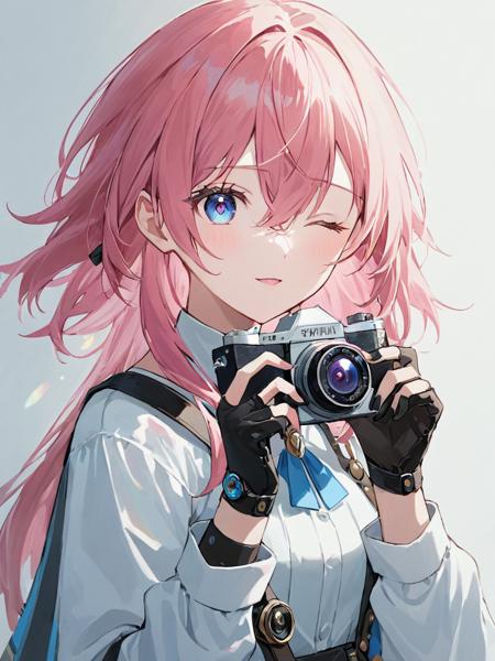 ultra-detailed,(best quality),((masterpiece)),(highres),original,extremely,<lora:Marth7x_xl:1>sanyueqi, 1girl, camera, solo, one eye closed, pink hair, holding camera, looking at viewer, holding, gloves, long sleeves, blue eyes, bangs, shirt, white shirt, black gloves, fingerless gloves, hair between eyes, v, upper body, pink eyes