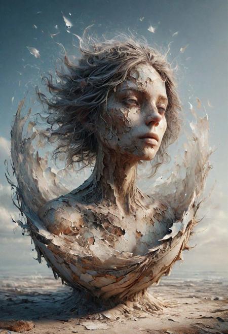 ais-olde,Beautiful woman emerging from a cracked ethereal eggshell floating in the sky, divine and translucent appearance, surrealistic and dreamy, soft glowing light, celestial backdrop, delicate and intricate details, high resolution, digital painting, serene and majestic atmosphere.