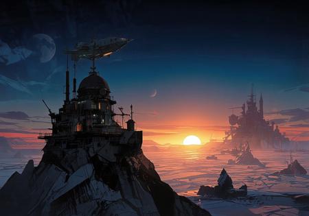 Seen from the sky, a futuristic city stands in the middle of a vast icy expanse. The scene takes place on another planet, as two moons are visible in the sky. The city is perched on a massive rocky spur, its architecture sleek and harmonious, made of glass and steel. A large building with a grand dome overlooks the city, and communication antennas are scattered throughout.

Space traffic is visible, with a massive spaceship above us and another below, docking at the city's elevated astroport. Several platforms extend from the city's rocky foundation. In the distance, two other cities can be seen, also perched on rocky spurs. Mining vehicles move across the icy terrain, traveling between the cities.

The cities are surrounded by an immense frozen desert, with occasional jagged rocks emerging from the ice. The sky is brightly illuminated as the sun sets, casting a stunning blend of deep blues and warm oranges. The atmosphere is nocturnal, with breathtaking hues of twilight and early evening.