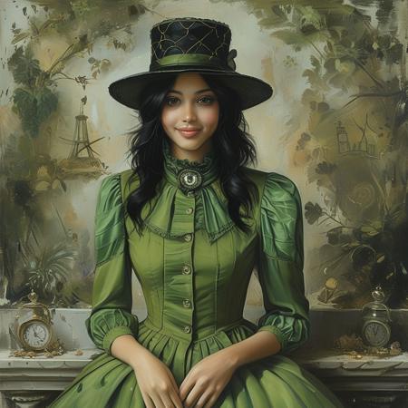score_9, score_8_up, score_7_up, style of Jacques Amans, painting, solo, 1girl, smiling, black hair, hour glass figure, makeup, wearing a layered green blouse, dress, jacket, hat, elegant, masterpiece, detailed,
