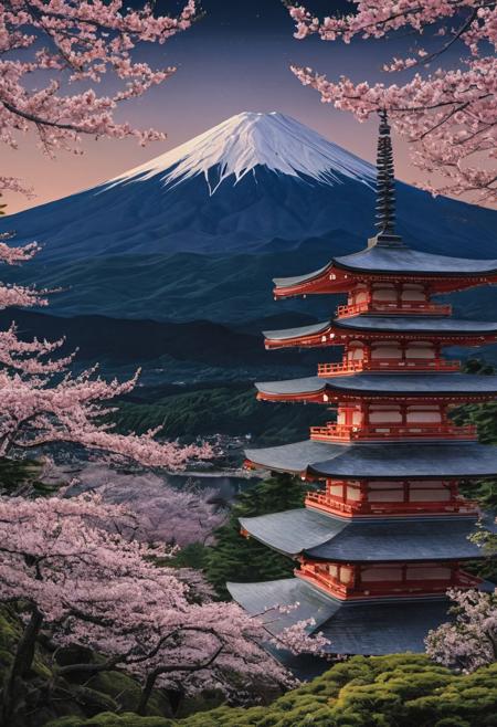 masterpiece, photorealistic, a vast spring forest, distant mountains, japanese pagoda japanese architecture, japanese forest, cherry blossoms, night sky, mt. fuji, serene, peaceful, moonlight,