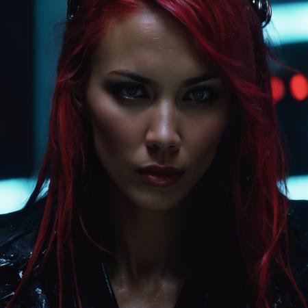 lexa_doig, <lora:LexaDoigXL:1>, portrait, supervillain, (( very long blonde hair, hair over eye, hair in face, black cybernetic cloak, red glowing embeddings, cybernetic implants, wild hair, floating hair, metallic braids, wet hair, wet skin, wet body, soaking wet)), cyberpunk assassin with a (robot arm with cybernetic enhancements), dirty, messy, raining, foggy, scratched, torn red cape, dim neon light, noir style, dystopian cyberpunk city at night, red light district, ((perfect eyes, detailed eyes,realistic eyes)), ((sharp face, detailed face, realistic face, naturtal skin, realistic skin, detailed skin, pores))