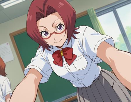 chizuru honsho, short hair, red hair, purple eyes, glasses, skirt, shirt, bow, school uniform, white shirt, short sleeves, pleated skirt, bowtie, red bow, red bowtie, grey skirt,