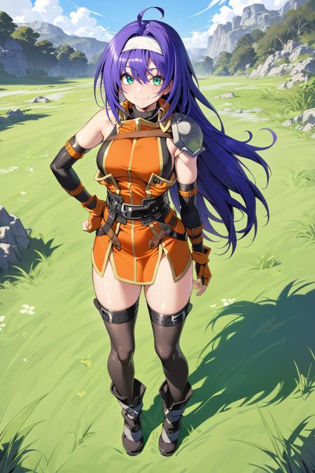 1girls,<lora:mia fehXL:1>,mia feh,long hair,ahoge,purple hair,green eyes,white hairband,shoulder armor,orange dress,sleeveless turtleneck, belt,fingerless gloves,thighhighs,boots,full body,standing,smile,grass,(blue sky:1.2),ultra-detailed, best quality,masterpiece