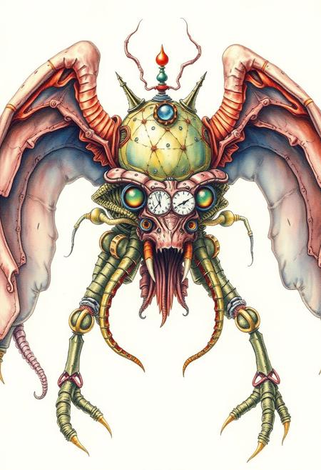 a fantastic watercolor illustration of a strange and wonderful biological mechanical creature, in the style of the Codex Seraphinianus, highly detailed