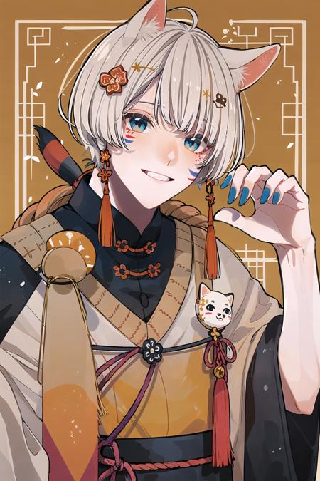 KoiKoi, old man, animal ears, solo, tail, flower, golden hair, blue eyes, looking at viewer, shimenawa, smile, hair ornament, bangs, paw pose, rope, blue nails, facial mark, year of the dog, tassel, chinese zodiac, cowboy shot, kouhaku nawa, dog ears, nail polish
<lora:KoiKoi:1>